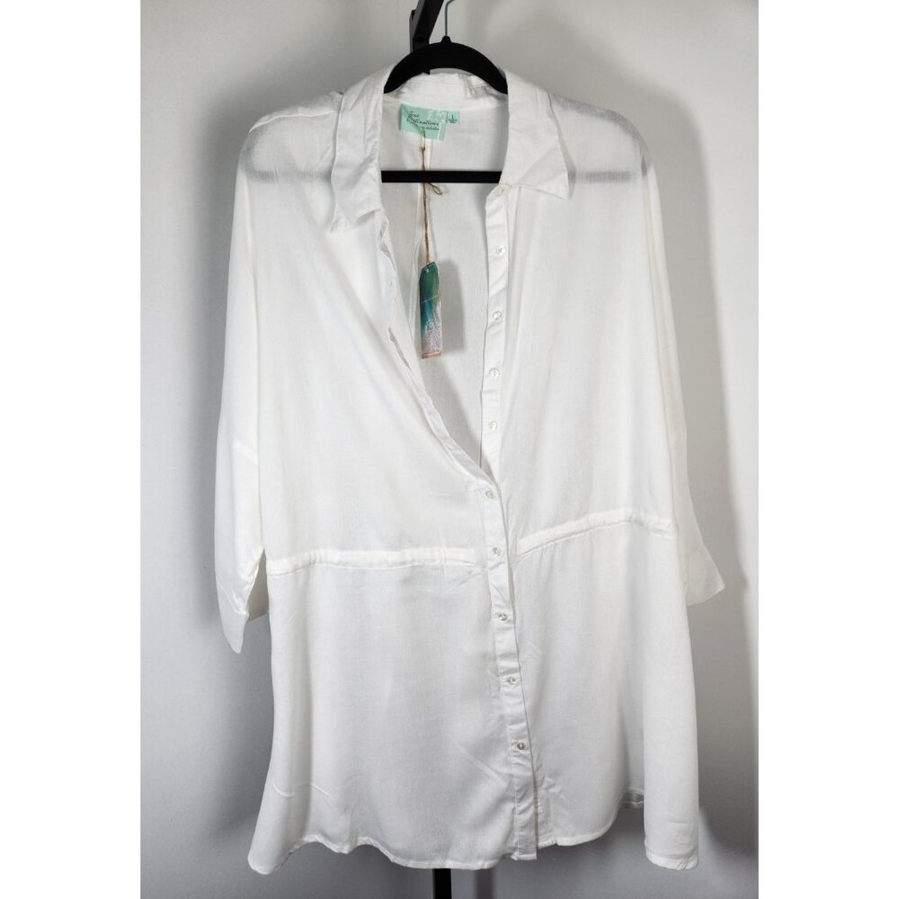 True Destinations Button Down 3/4 Sleeve Tunic Blouse Covering - White - SZ LG